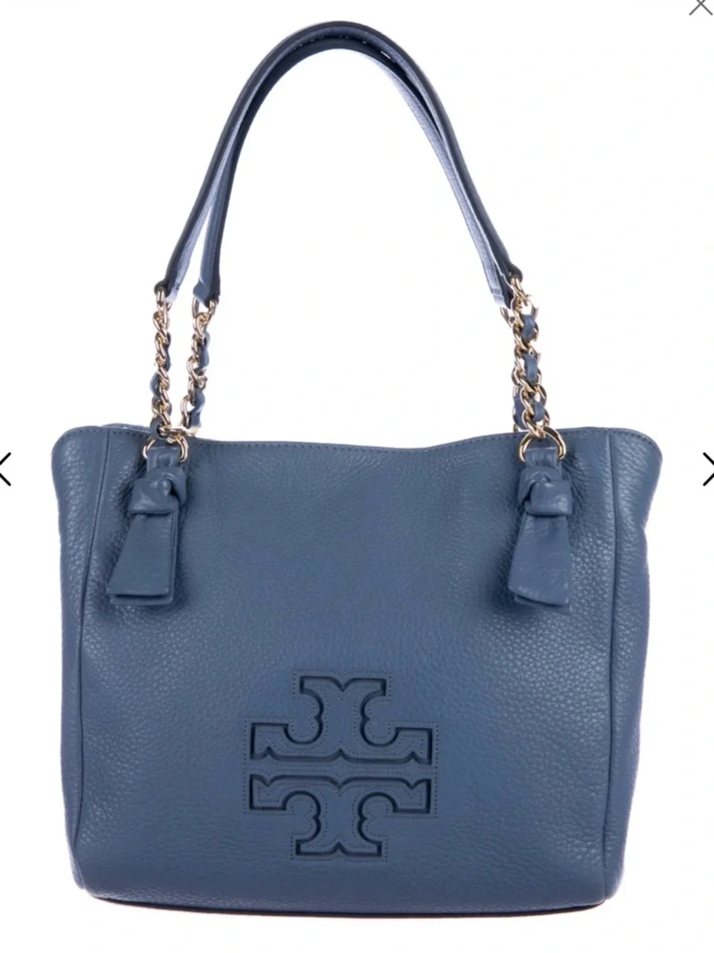 NWOT Tory Burch Harper Pebbled Leather Shoulder Tote w/Chain Straps - Slate Blue - Picture 5 of 14